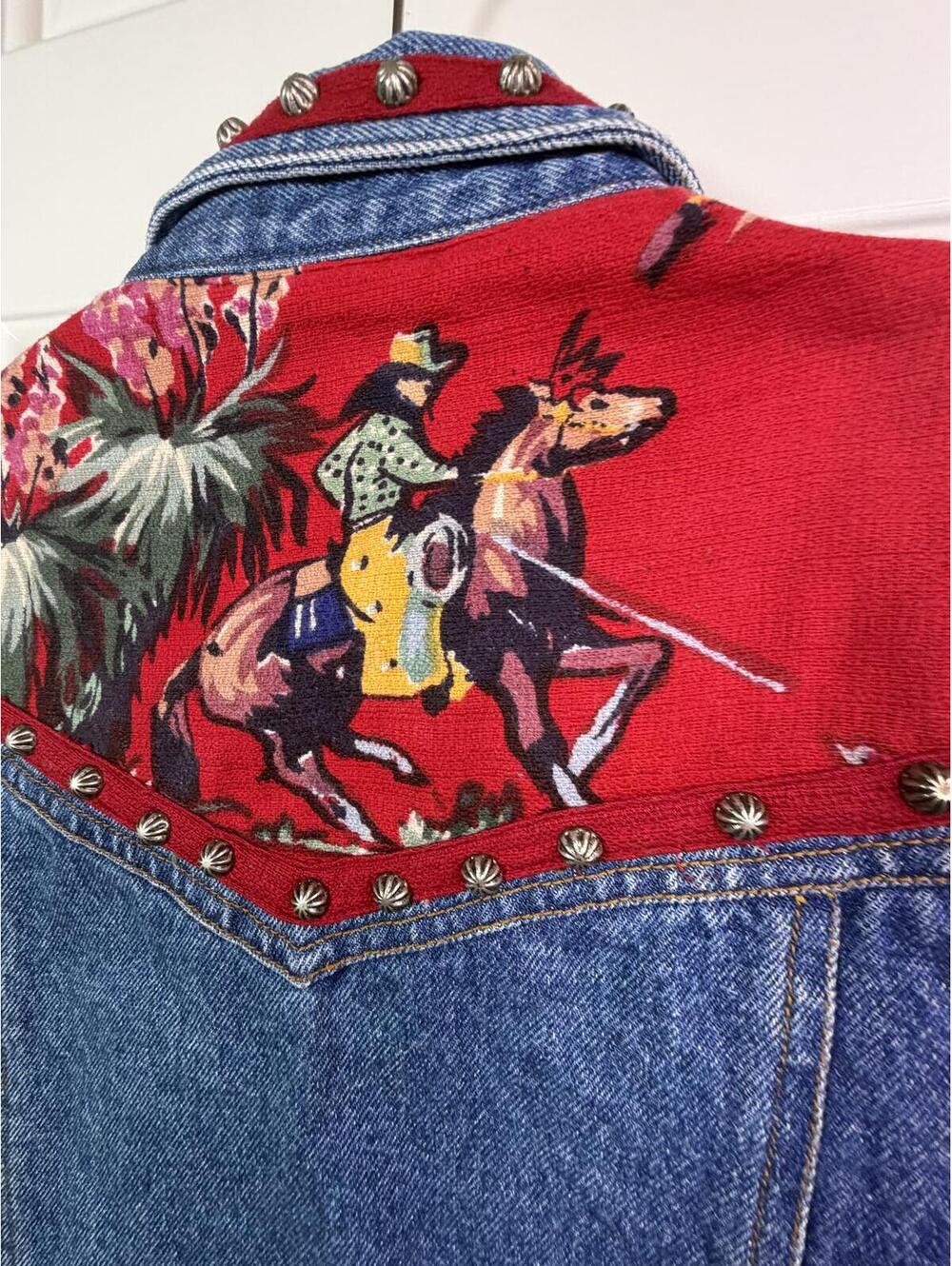 Vintage 90s Gordon & James Denim Western Vest Red Cowboy Print Size Small - Picture 2 of 7